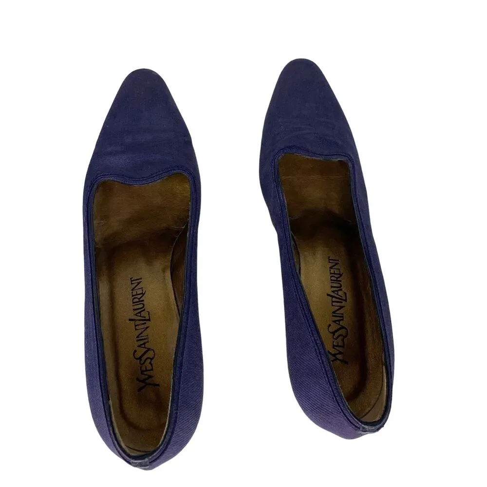 Yves Saint Laurent YSL Vintage Ribbed Navy Silk Pumps 7M Heels 2.25